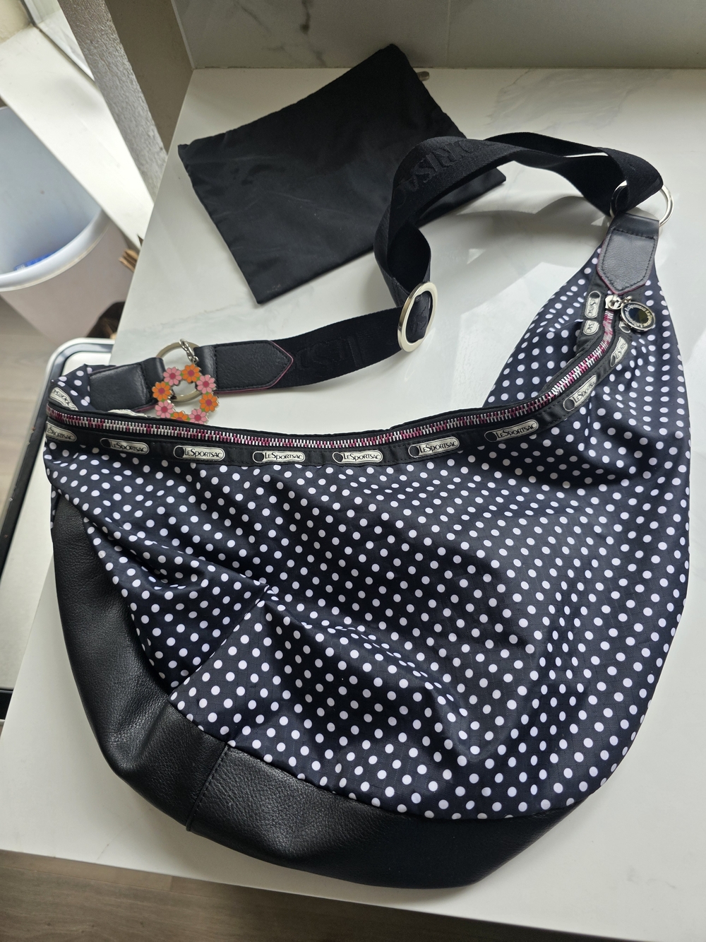 LeSportsac Black with White Polka Dot Crescent Shoulder Bag